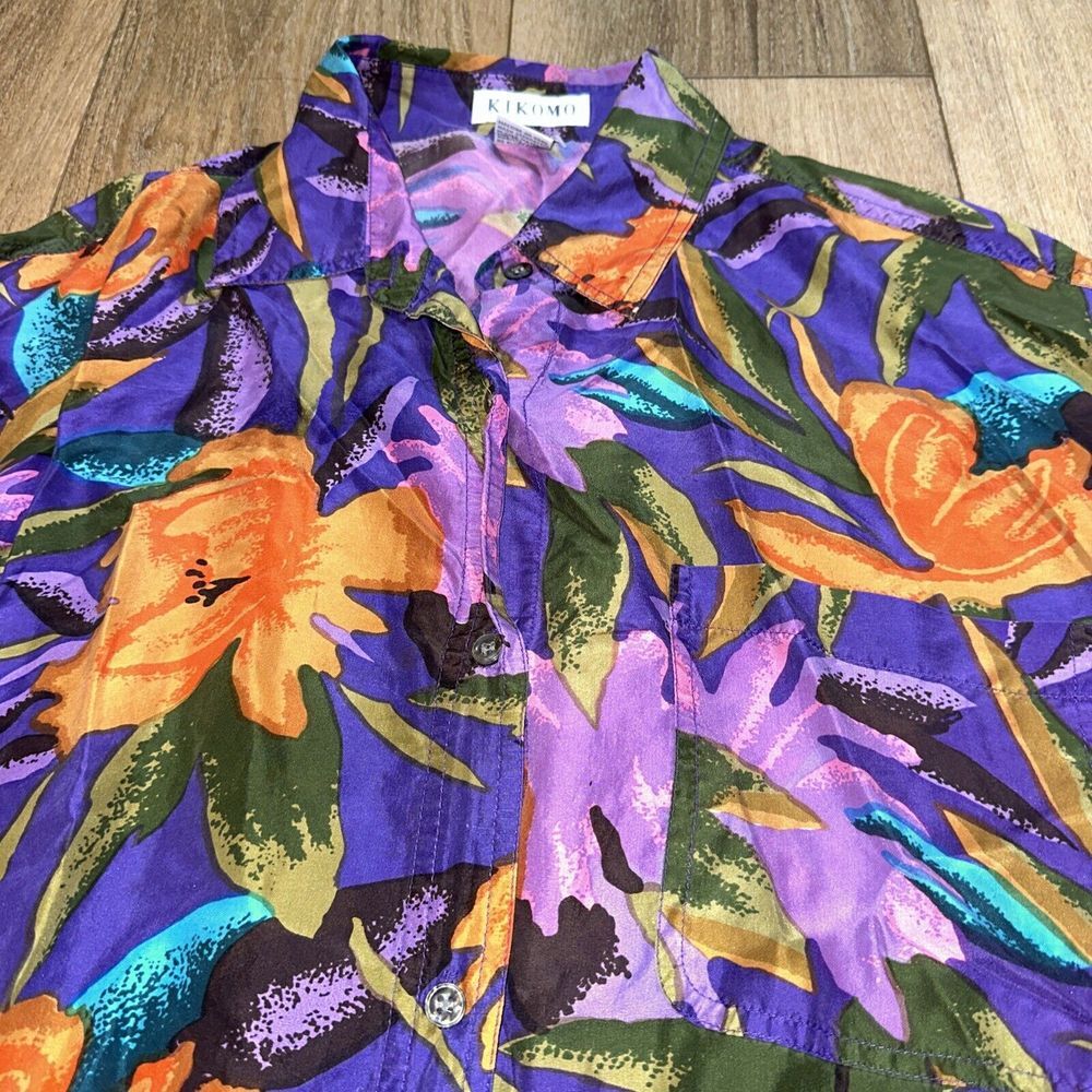 Kikomo Women's 100% Silk Floral‎ Long Sleeve Purple Floral Button Shirt Large - Picture 2 of 7